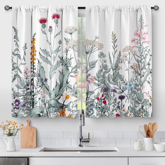 Flower Leaves Kitchen Curtains - Dark Green Floral Spring Rustic Plant Botanical Cafe Farmhouse Small Short Curtains for Bathroom RV Rod Pocket Window Drapes 36 Inch Length 2 Panels Set