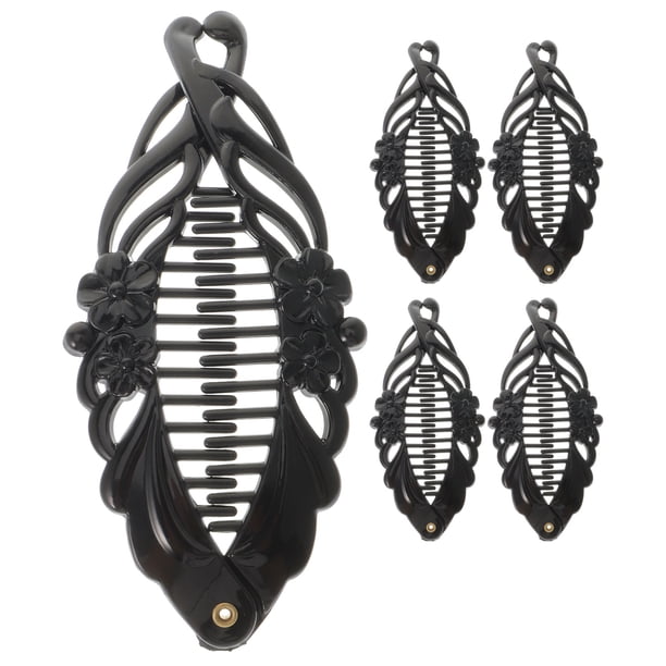 EeaseMX 5 pinzas para el pelo con diseño de plátano y flores, color negro, para coletas, accesorios para el cabello para mujeres y niñas (grandes)