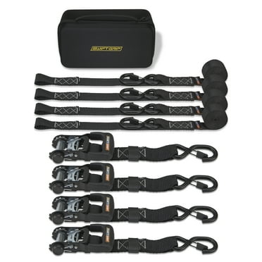 Ratchet Straps Heavy Duty Tie Downs, (4) 1.5"x 8' Heavy Duty Ratchet Strap with Integrated Soft Tie Hook, UTV Tie Down Straps, Motorcycle Tie Down Straps, Padded Handles & Coated Chromoly Hooks, Black