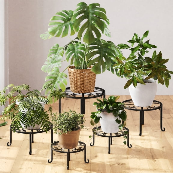Bamworld 5-Pack Black Metal Plant Stand for Indoor Outdoor,Rustproof Flower Stand for Planter Outdoor Plant Rack for Patio & Garden Decor-Installation-free version