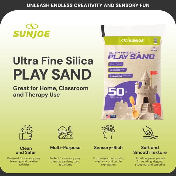 Sun Joe Ultra Fine Silica Play Sand for Sandboxes and Sensory Tables, 50 Pounds, PLYSAND50