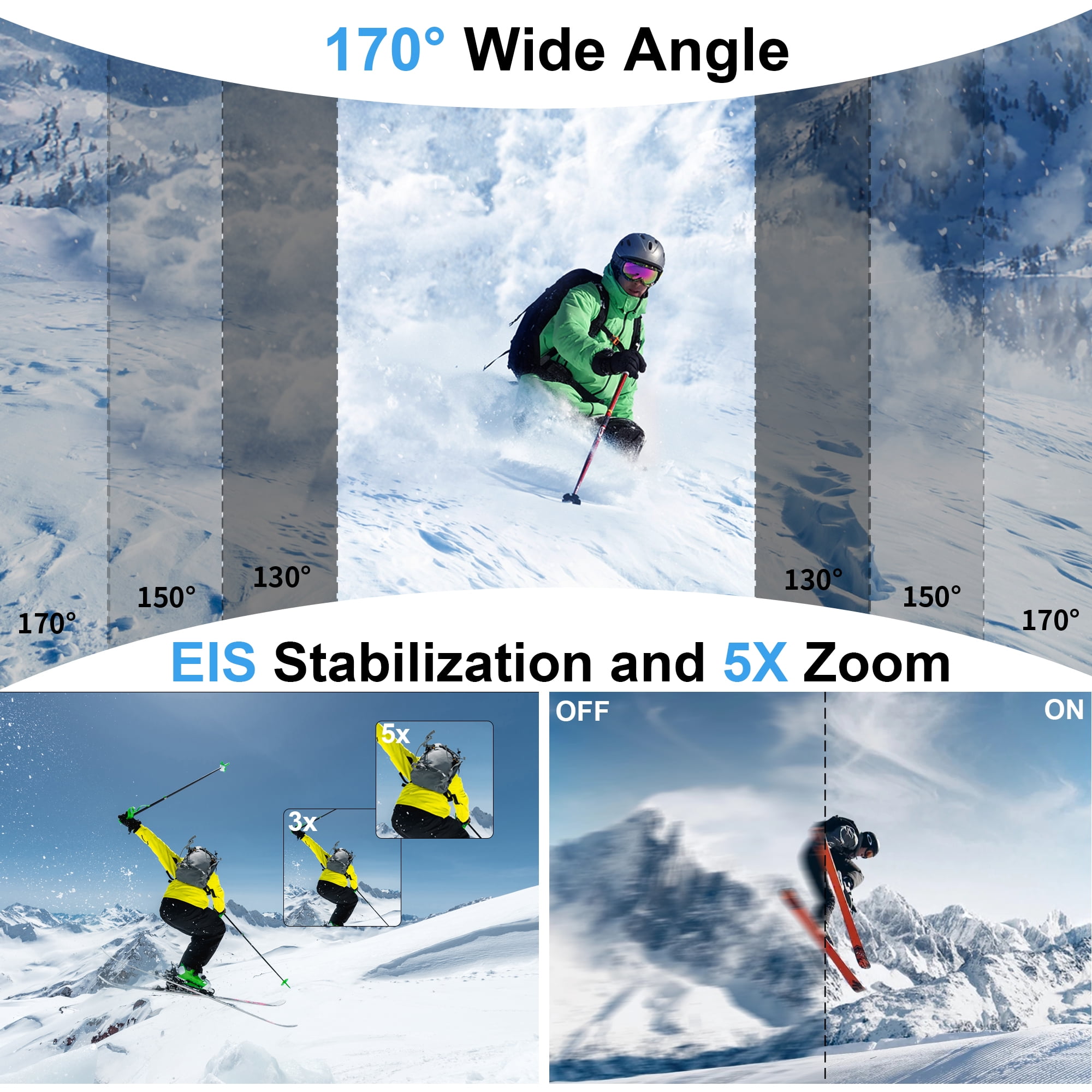 Ourlife Action Camera 5K 30FPS Waterproof Camera Underwater 100FT with EIS WiFi App Remote Control 64GB Card 170° Wide Angle Sports Helmet  Video