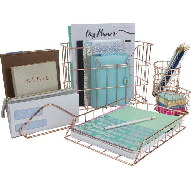 Wire Metal 5 In 1 Desk Organizer Set Letter Sorter Pencil Holder Stick Note Holder Hanging File Organizer And Letter Tray Copper Walmart Com Walmart Com