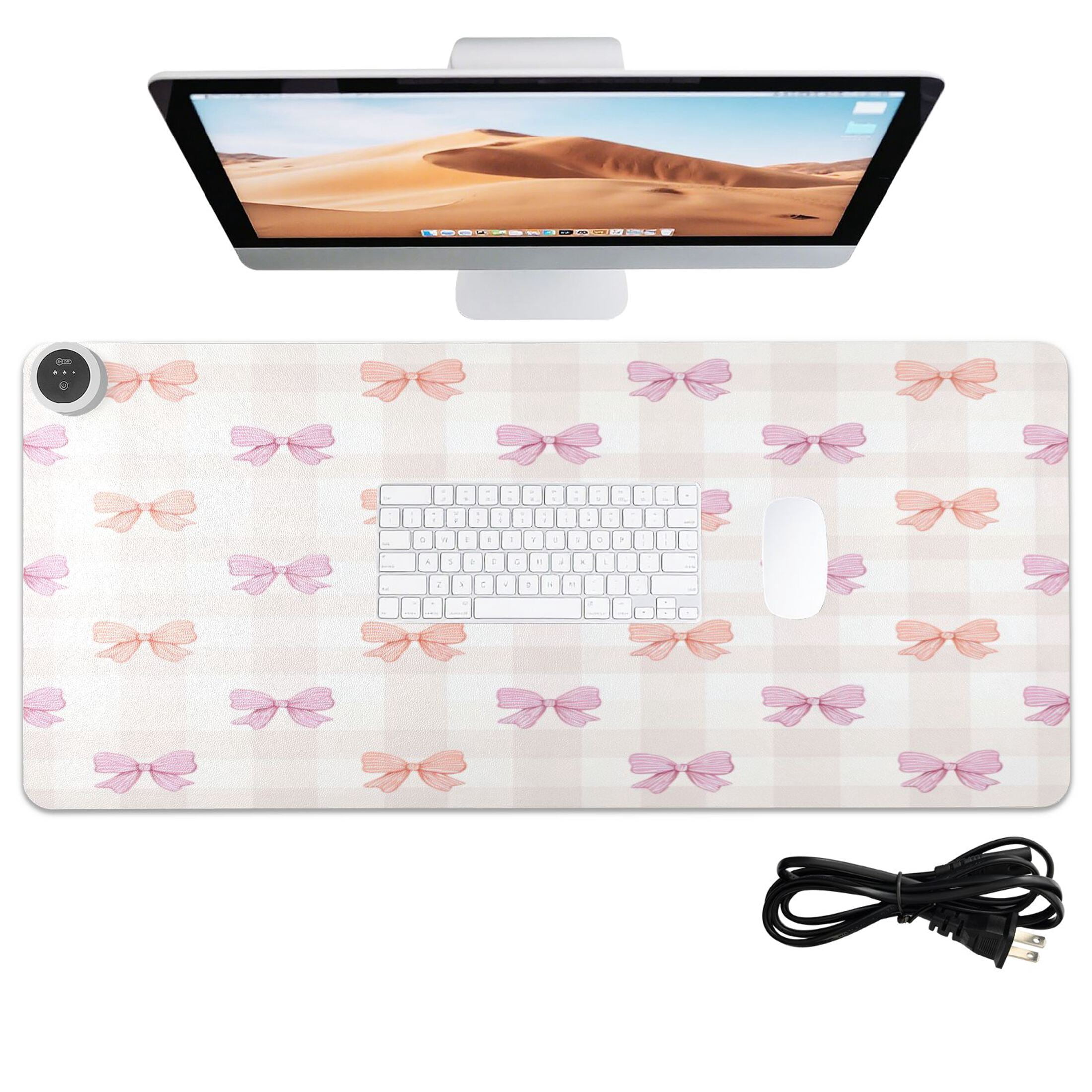 Large Heated Desk Mat Mouse Pad 31.5"x13"PU Leather Graphene Heating Desk Warmer with 3 Temperature Settings 110V US Plug Non-Slip Warm Pad for Home, Office, and Gaming Sweet Pastel Bow Pattern