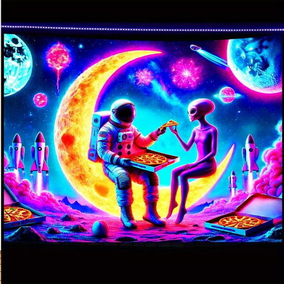 Blacklight Tapestry Astronaut and Alien Design, UV Reactive Black Tapestry Wall Hanging for Bedroom Living Room Game Room Decor