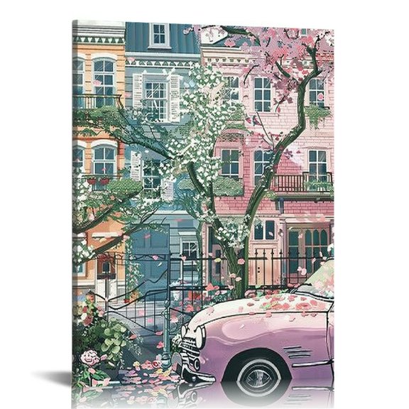 PRATYUS Wall Art Cherry Blossom Wall Art Spring Landscape Prints New York Bookshop Art Print Tearoom Cafe Wall Art Wall Decor Pictures Travel Prints Paintings Posters 12x16 in