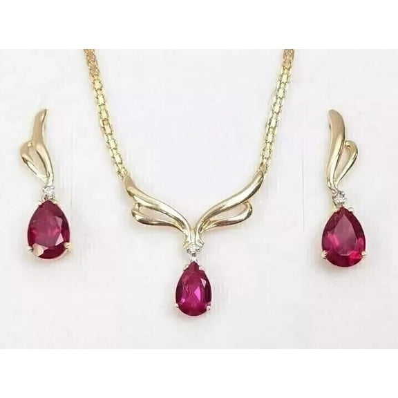 3.00Ct Lab Created Red Ruby Pear Cut 14K Yellow Gold Plated Women's Jewelry Set