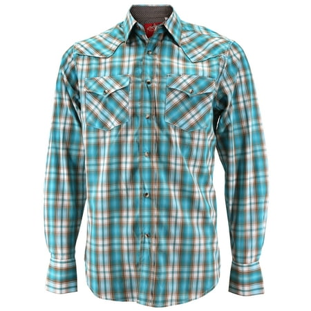 Dark Blue Plaid Snap - Rodeo Clothing Men's Premium Western Cowboy Pearl Snap Long Sleeve Plaid Shirt (PS400L #446, XL)