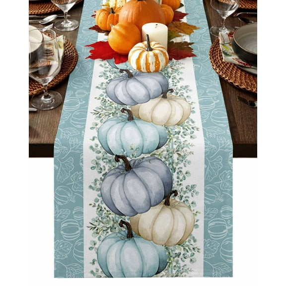 Fall Table Runner Thanksgiving Teal Blue Pumpkin Table Runners Autumn Eucalyptus Leaf Cotton Linen Dresser Scarf Kitchen Dining Table Decor for Fall Holiday Party Decor 13x36 Inch