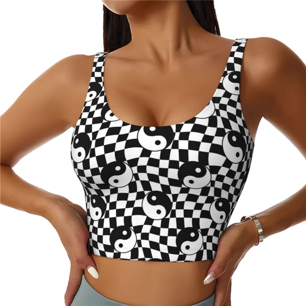 Balery Ying Yang Checkered Sujetadores deportivos con espalda cruzada para mujer, acolchados, sin costuras, de alto impacto, ideales para yoga, gimnasio, entrenamiento y fitness.-Small