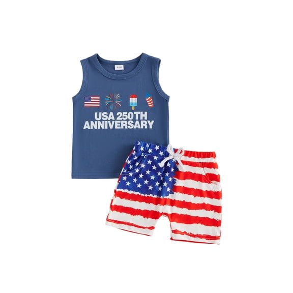 BemeyourBBs 2Pcs Toddler Baby Boy 4th of July Outfit Patriot 250th USA Anniversary Independence Day Summer Clothes Sleeveless America Flag Letters Print Tank Tops and Star Striped Pockets Shorts Set