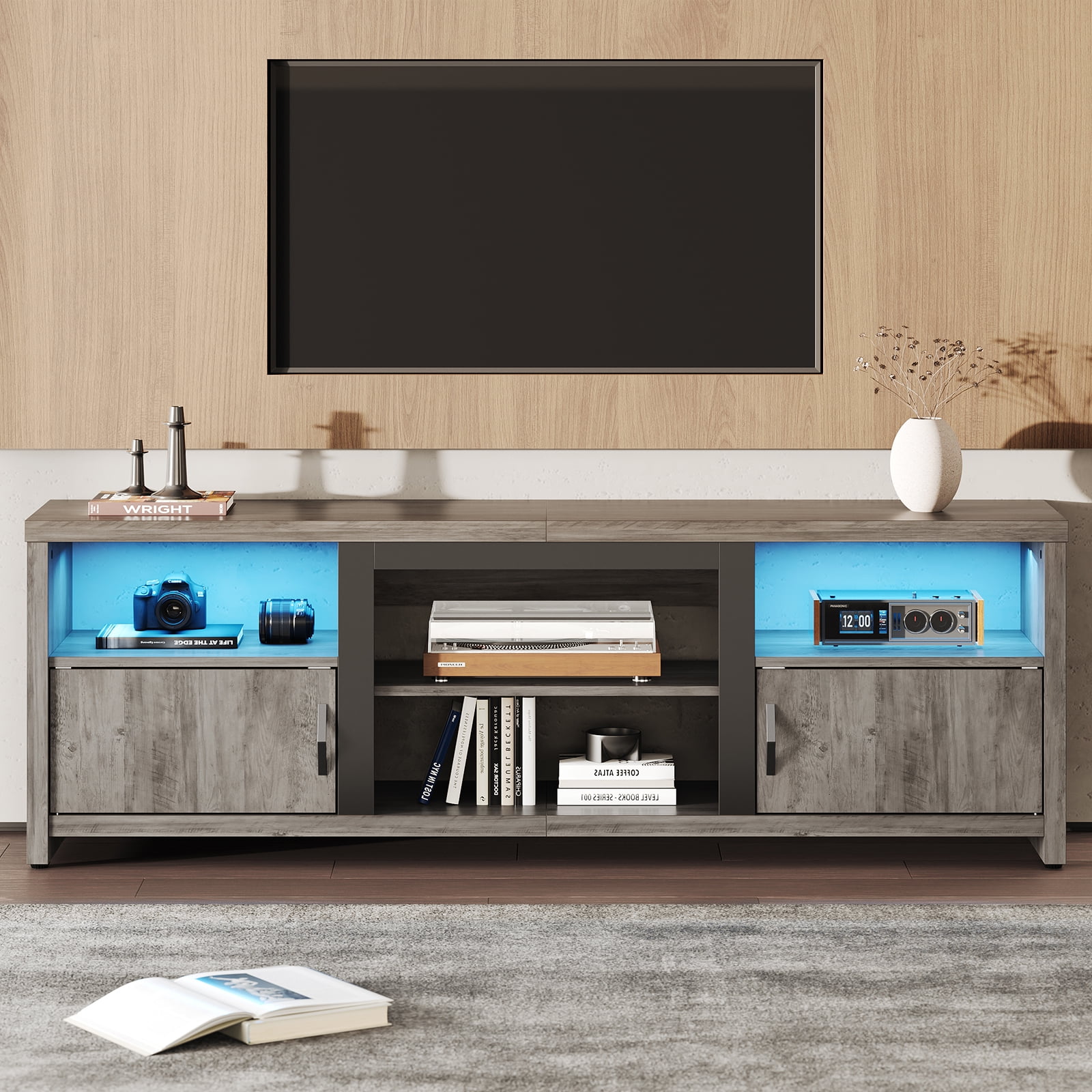Bestier 70" Farmhouse TV Stand for TVs up to 80" with LED Lights, Entertainment Center with Cabinet & Open Shelves in Wash Grey