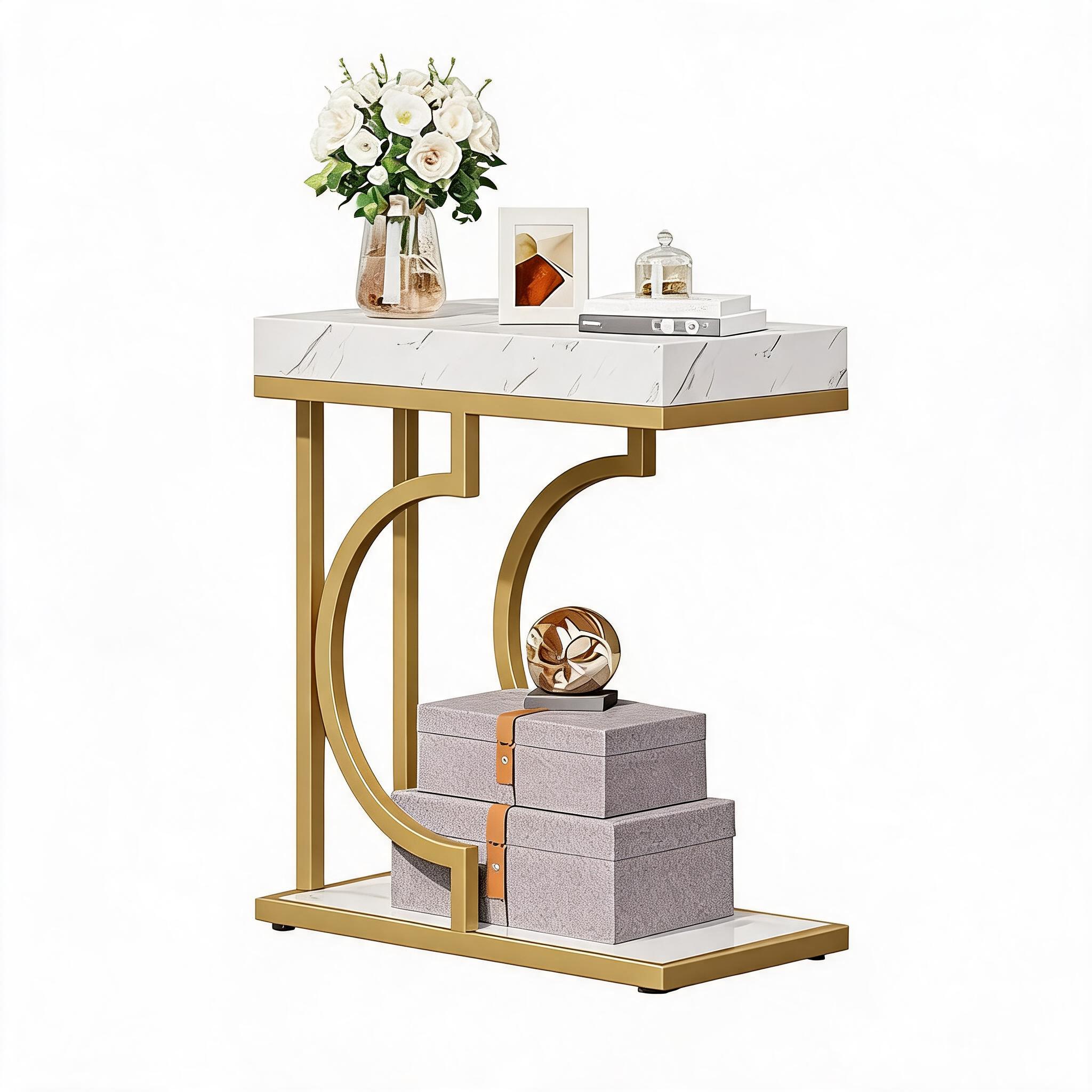 Farmhouse C Table, Semicircular Frame, Sturdy Metal & Particle Board for Living Room/Bedroom/Small Spaces