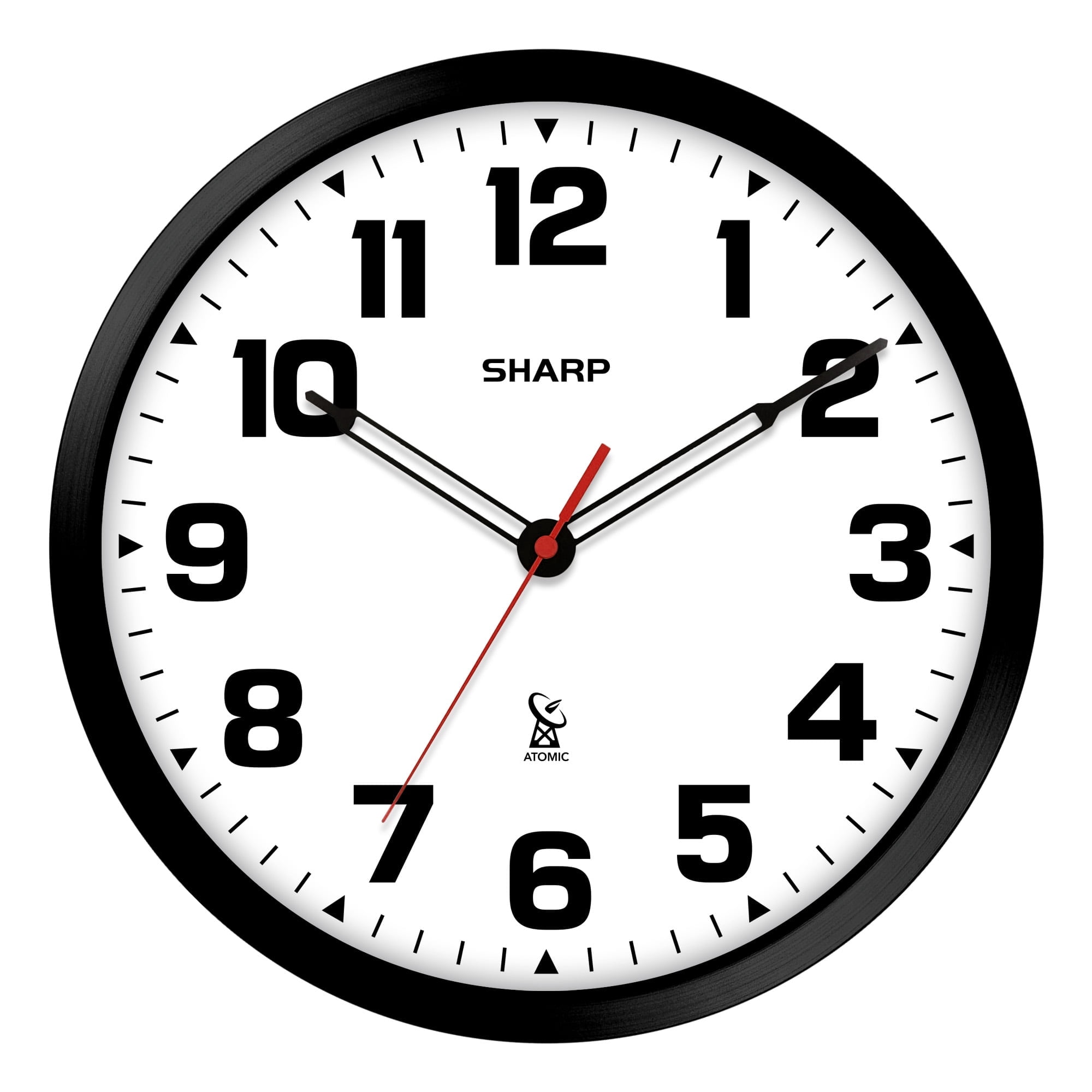 Sharp Atomic Analog Wall Clock - 12 Black Stylish Frame - Sets Automatically- Battery Operated - Easy to Read - Easy to Use – Modern Design and Style