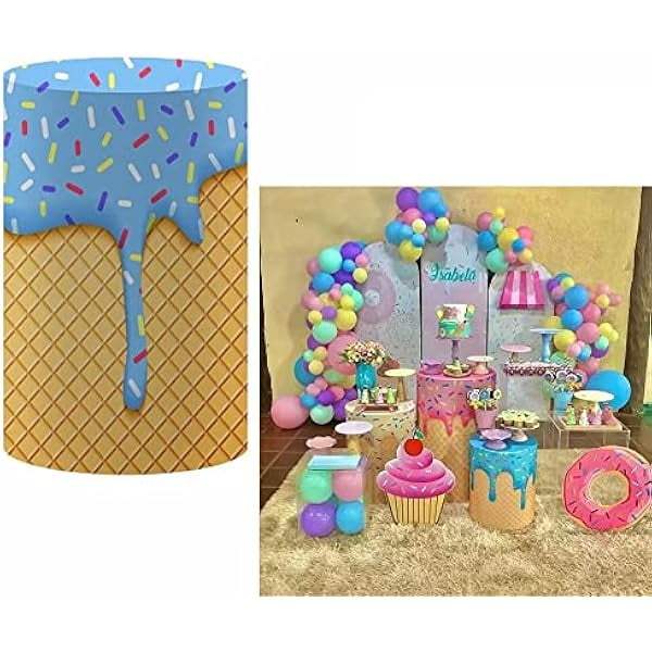 wonima02 Drip Ice Cream Waffle Cone Cylinder Plinth Covers for Sweet Donuts Theme Parties Decorations Pedestal Cover Baby Shower Girls Pink Birthday Party Cake
