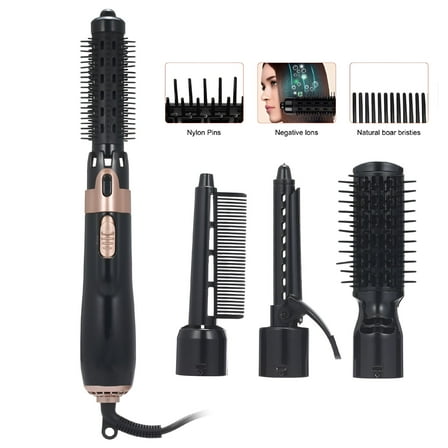 HIBIBUD 4 in 1 Hot Air Hair Blowout Brush, Hair Curler & Hair Dryer Brush Negative Ion Blow Dryer Brush in One, Interchangeable Brush Head Hair Styling Gift for Women (Black)