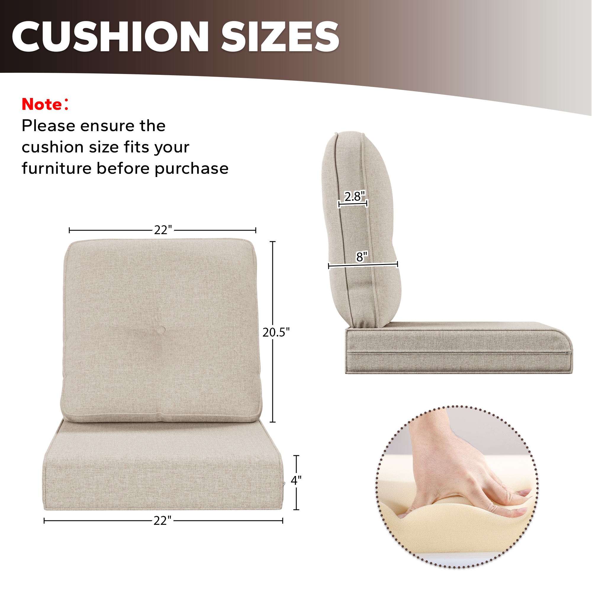 MeetLeisure 4 Inch Outdoor Cushions, Suitable for Patio Furniture, Water-Resistant & Fade-Resistant, 2 Sets, Beige