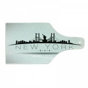 NYC Cutting Board, New York USA Calligraphy with Brooklyn Bridge Liberty Silhouettes, Decorative Tempered Glass Cutting and Serving Board, in 3 Sizes, by Ambesonne