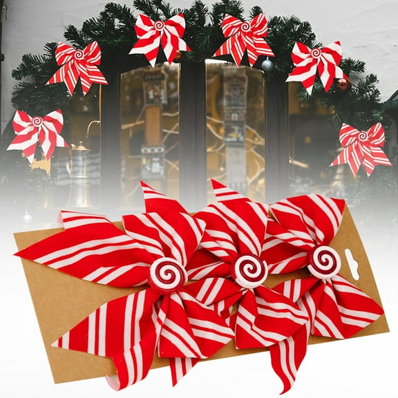3 Pcs Red and White Candy Cane Stripes Christmas Bow, 6.3*5.5 inch Pre-Tied Bow for Wreaths, Gifts, Tree Decor, Christmas Wreath Bow, Craft Ribbon Decor for Home Celebration