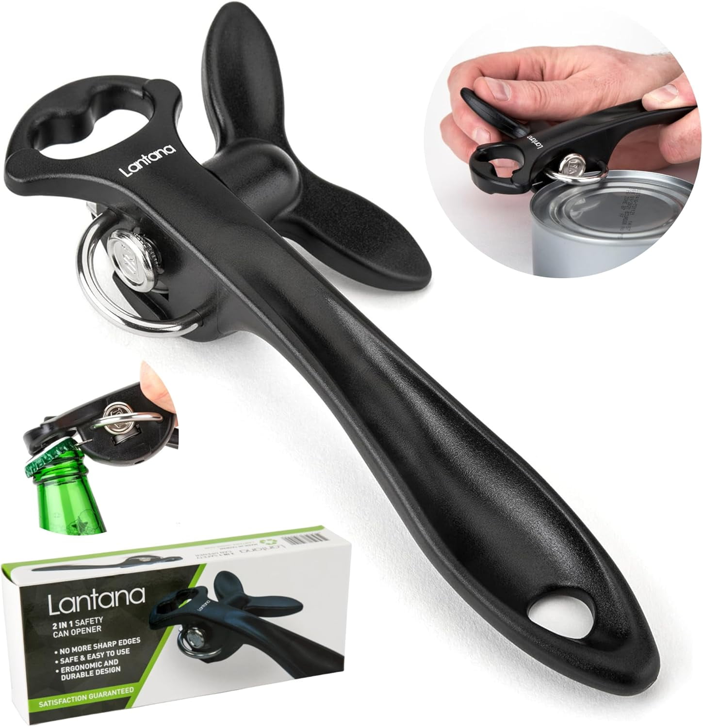 Smooth Edge Can Opener with Bottle Cap Lifter - Hand Held Manual Safety Tin Black/Stainless Steel