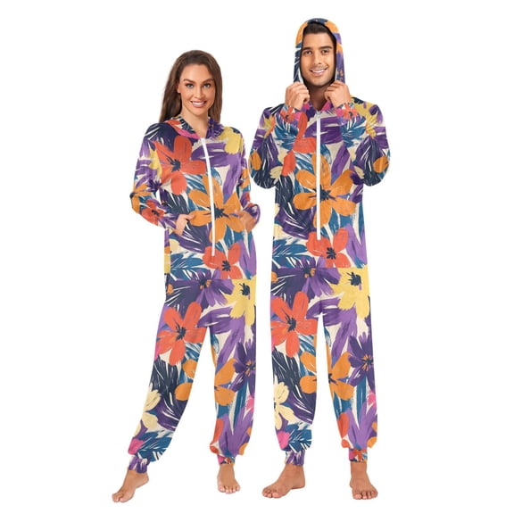 FORMRS Onesies Pajama for Adults Unisex Hoodie Winter Jumpsuit One Piece Sleepwear, Sizes S-2XL, Colorful Painted Flowers Pattern