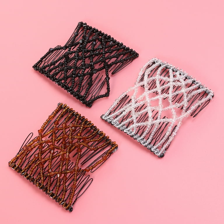 HEMOTON 3pcs Combs Hair Bun Maker Accessories Elastic Beaded Double Hair Clips Combs Hair Styling Tool for Woman (White, Black, Coffee)