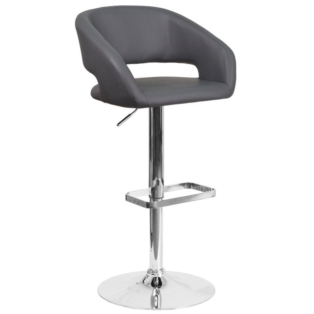 Contemporary Charcoal Fabric Adjustable Height Barstool with Rounded Mid-Back and Chrome Base