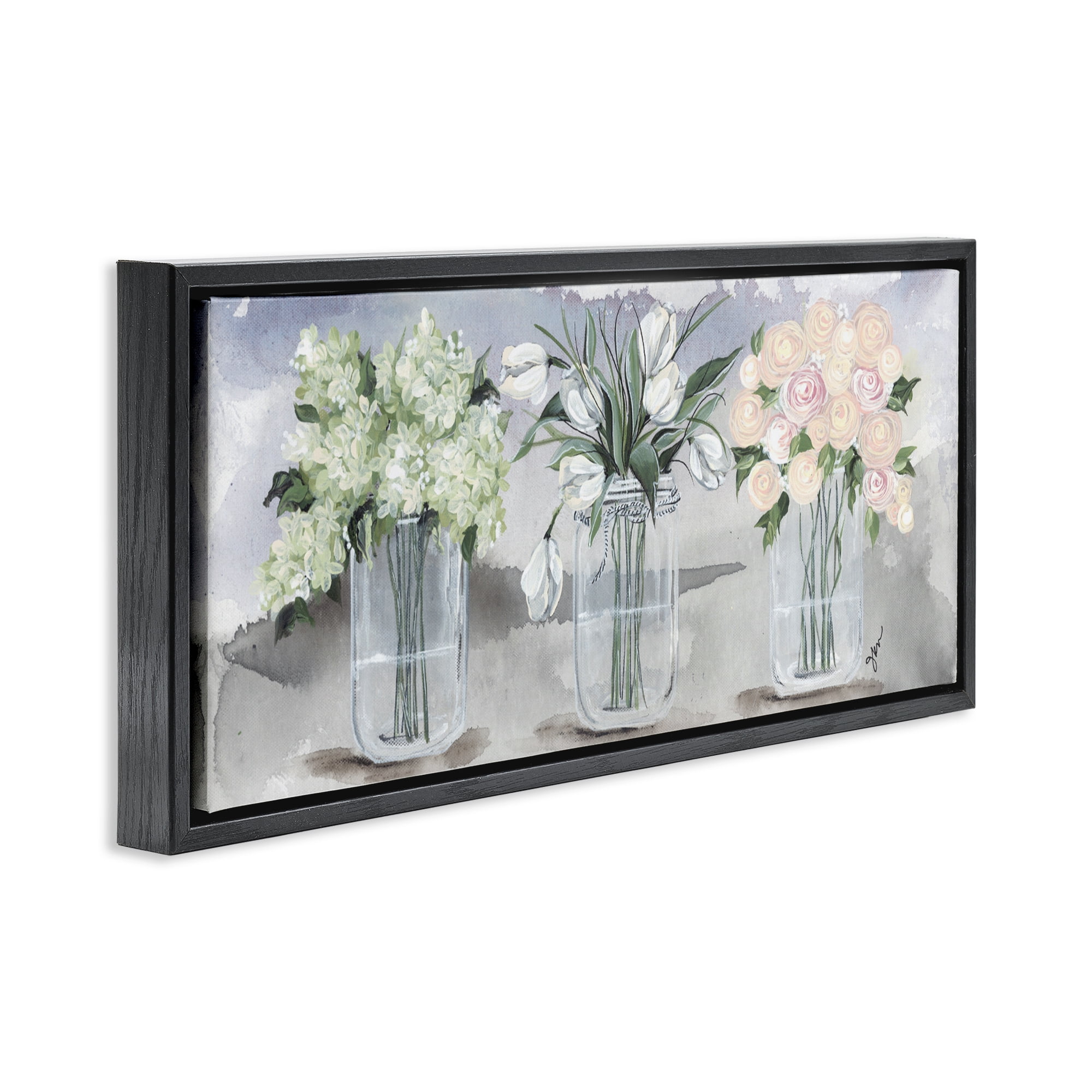 Stupell Industries Mason Jar Flower Watercolor Black Framed Floater Canvas Wall Art, design by Julie Norkus