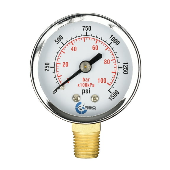CARBO Instruments 2" Pressure Gauge, Chrome Plated Steel Case, Dry, 0-1500 psi/kPa, Lower Mount 1/4" NPT