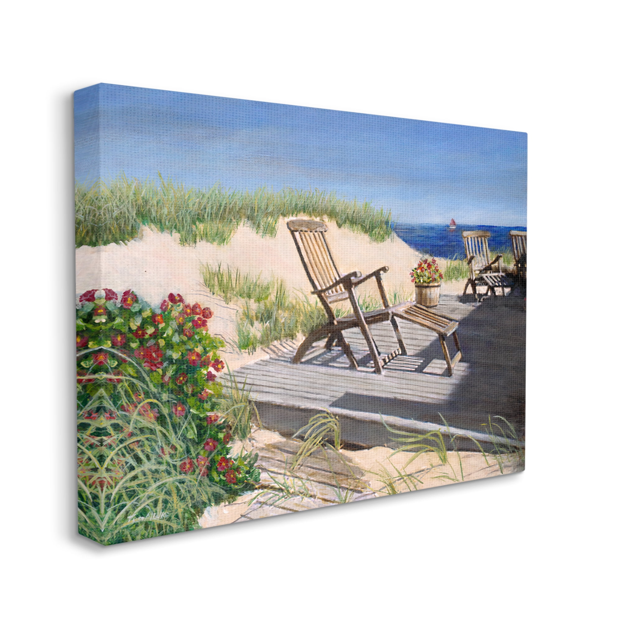 Stupell Industries Relaxing Waterfront Boardwalk Beach Chairs Summer Scene Painting Gallery Wrapped Canvas Print Wall Art, Design by Tom Mielko