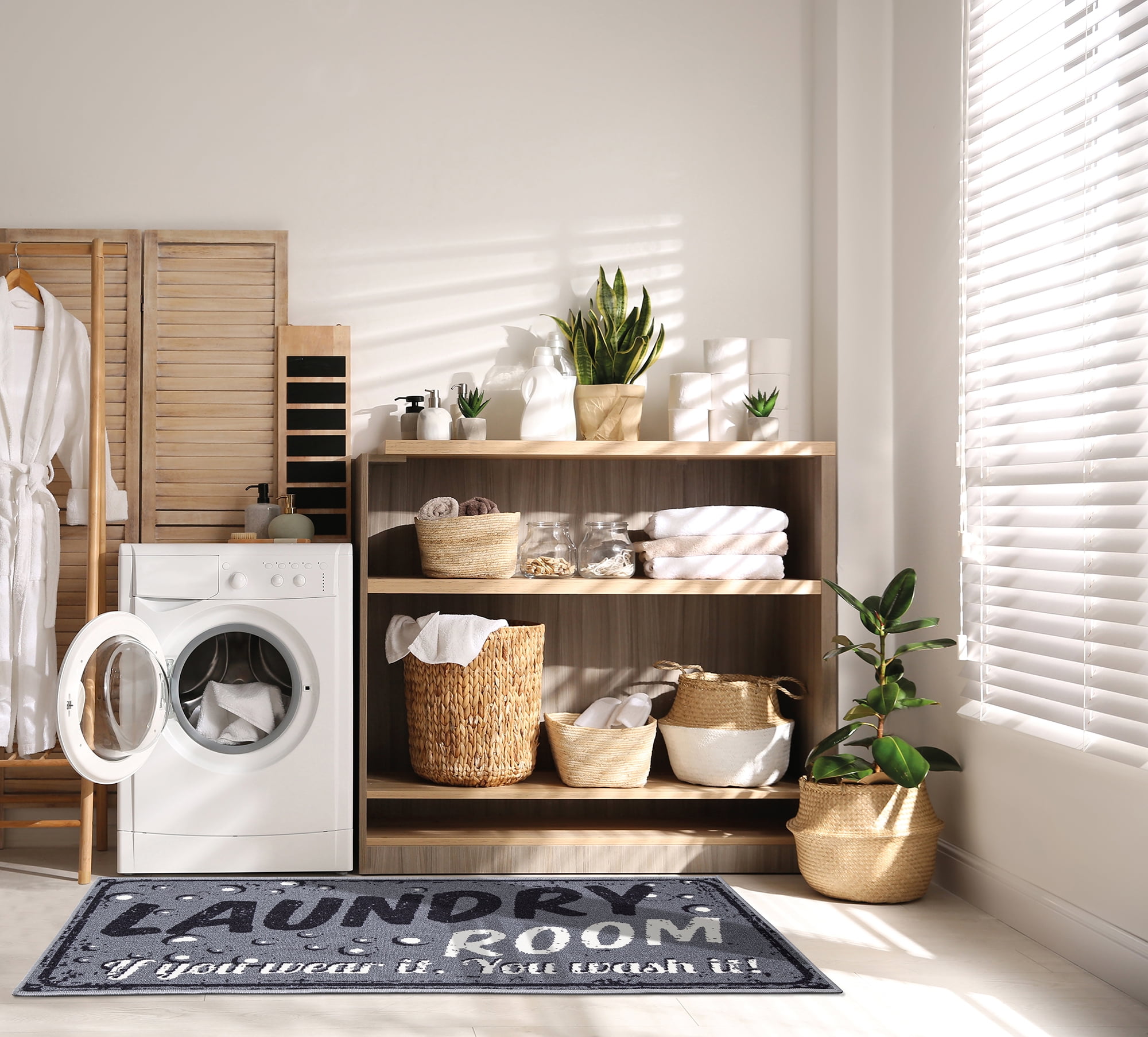 Laundry Room Rug Runner Mat Non-Slip Stain Resistant Charming Wash Room 20"x59