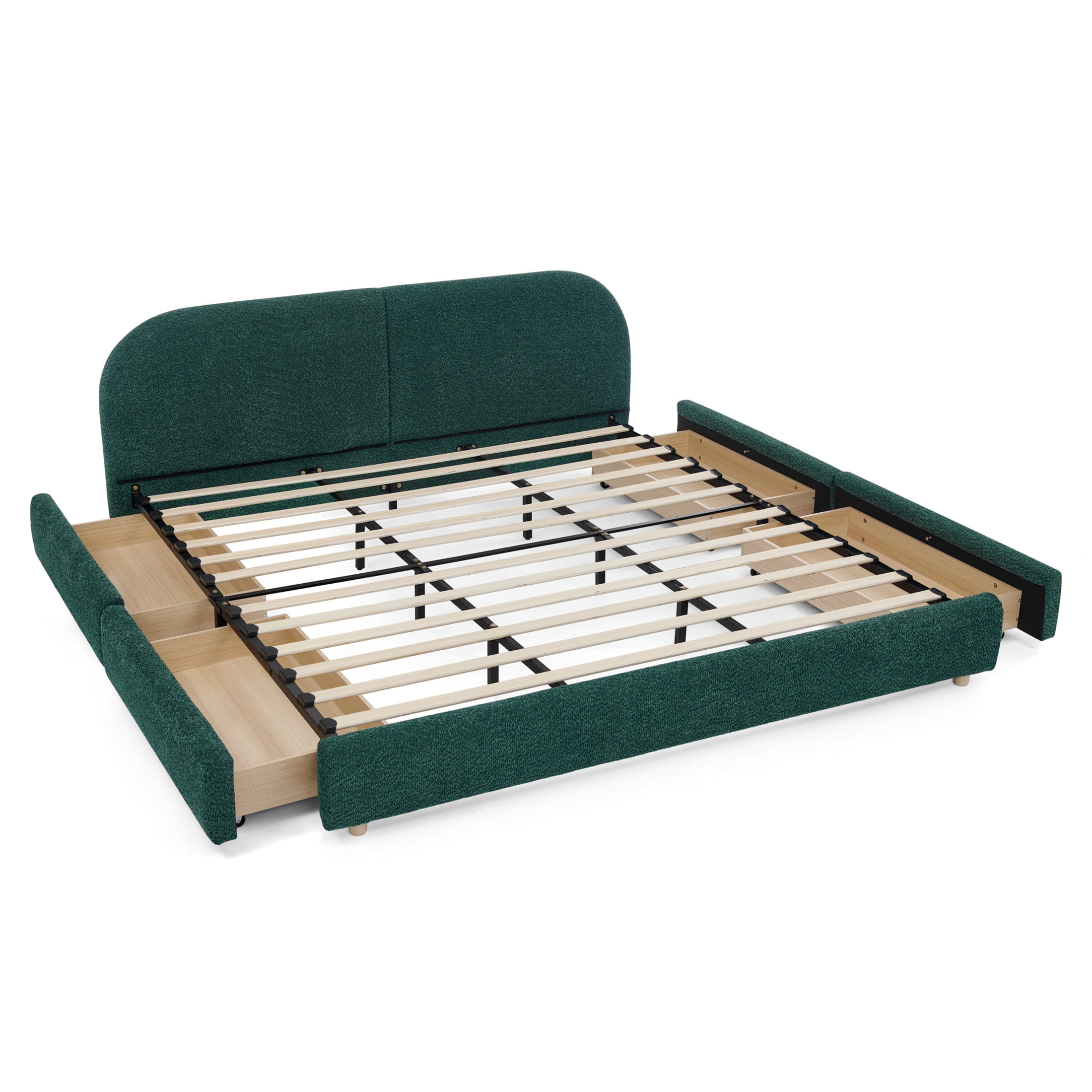 Noble House Elbert King Size Upholstered Bed Frame, Circle Yarn Tall Curved Headboard with Storage Drawers, Green