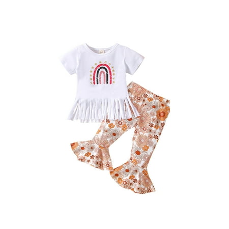 

Inevnen Baby Girl 2PCS Set Sunflowers Short Sleeve Tassel Hem T-Shirt Leopard Long Bell-Bottom Pant