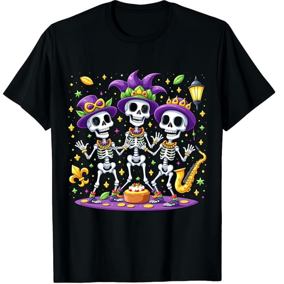 Mardi Gras Fat Tuesday Shirt Funny Dancing Skeleton Carnival New Orleans Party Graphic Crew Neck Short Sleeve T-Shirts (Men's, Women's)