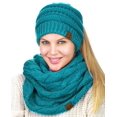 thumbnail image 2 of C.C BeanieTail Messy High Bun Cable Knit Beanie and Infinity Loop Scarf Set, Teal Metallic, 2 of 4