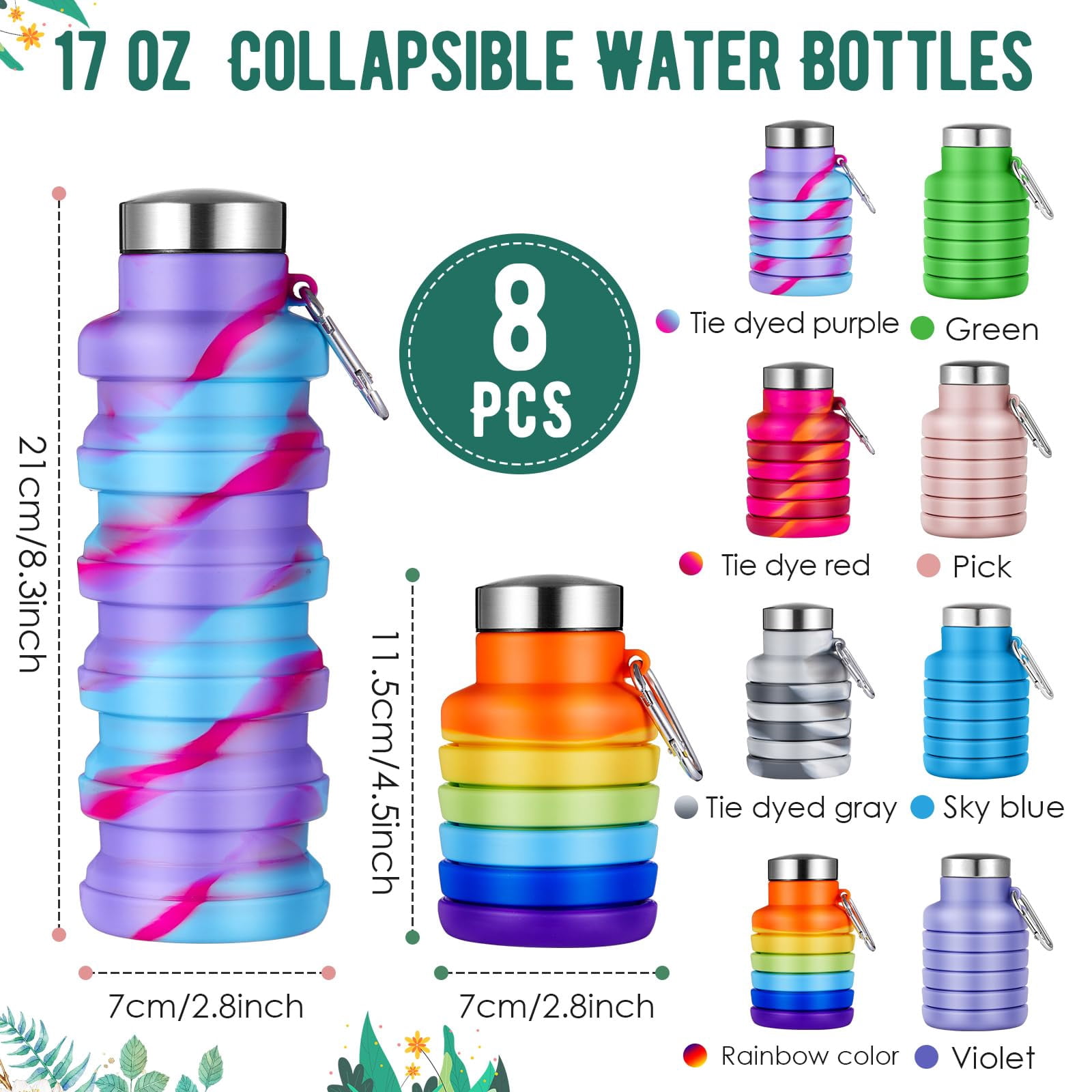 NexTone 8 Pcs Collapsible Water Bottles Bulk Reusable Silicone Foldable Water Bottles 17 oz Portable Lightweight Sports Bottle with Carabiner for Gym Hiking Camping Travel(Mixed Colors)