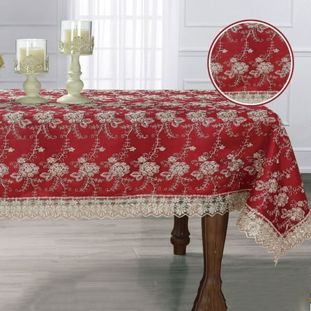 

Gloria Floral Embroidery Rectangle Tablecloth Burgundy-Gold 70x90 Inches