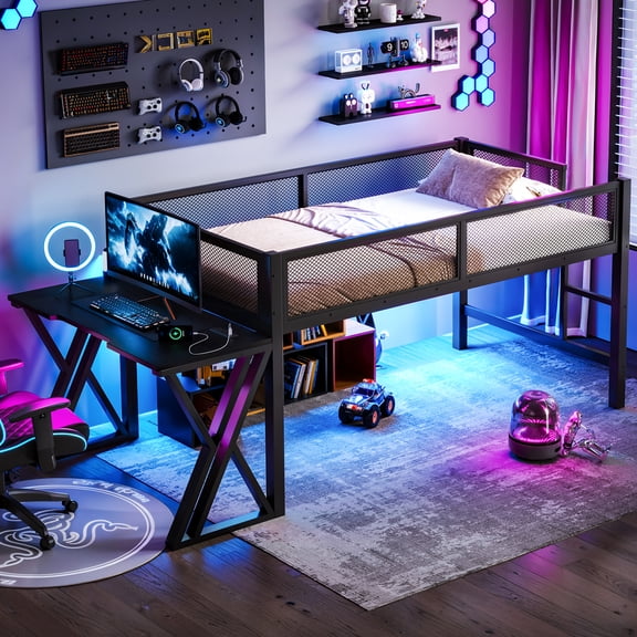 Leumius Twin XL Size Loft Bed with Gaming Desk,Metal Loft Bed Frame with Full Length Guardrail,LED Lights and USB Ports,Space-Saving,Black