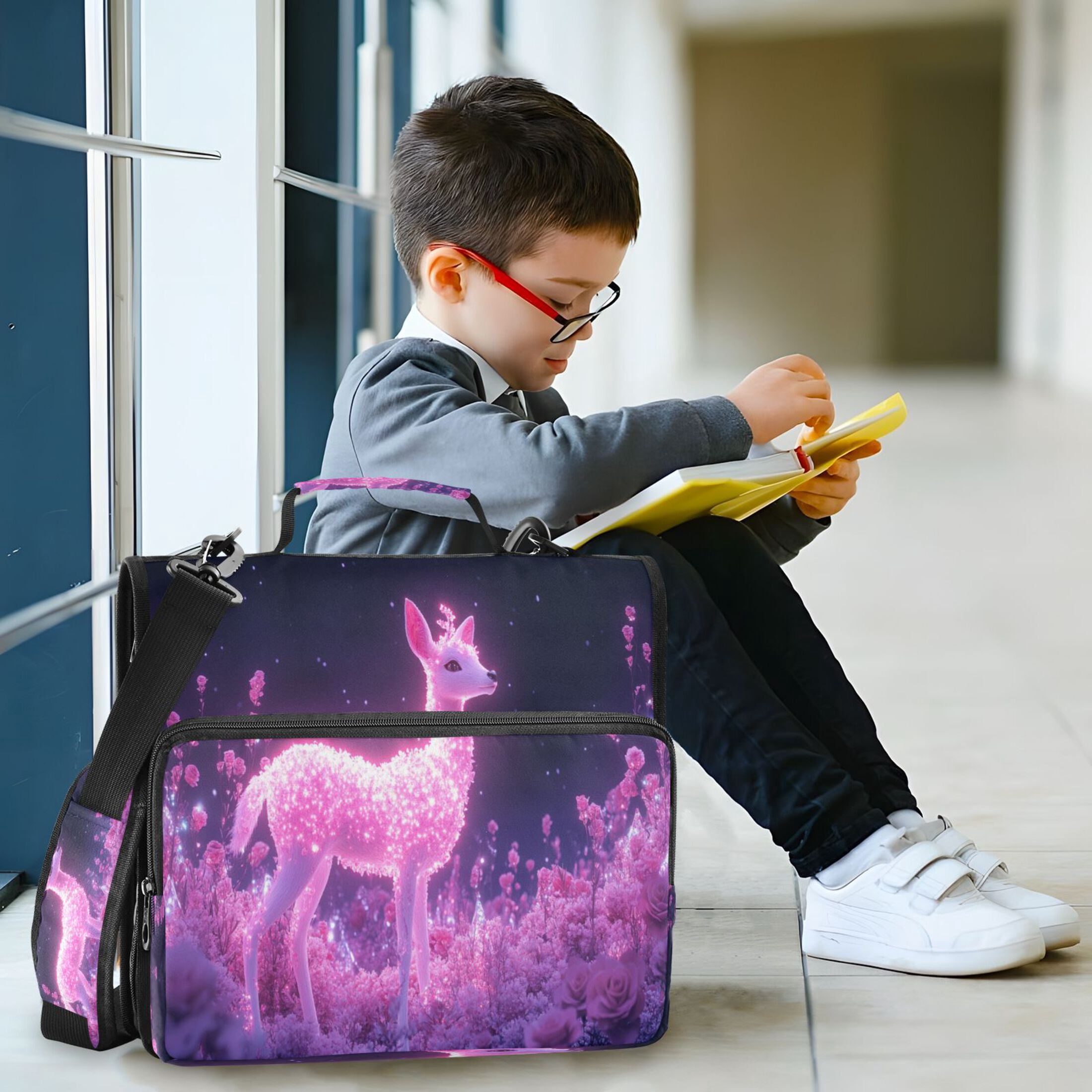 YAZAOO Zipper Binder trapper keeper Documents Organized Design Glowing Deer in Pink Forest Printed