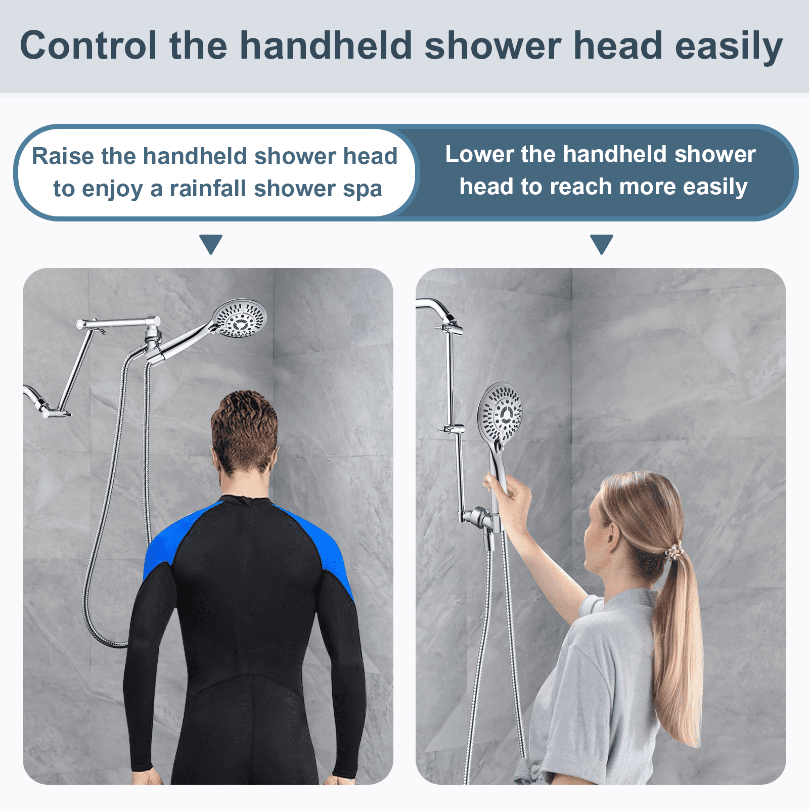 BRIGHT SHOWERS Brass Shower Arm Extender for Rain and Handheld Shower Head, 14 Inch Universal Shower Head Extension Arm, Adjustable Height & Angle, Chrome