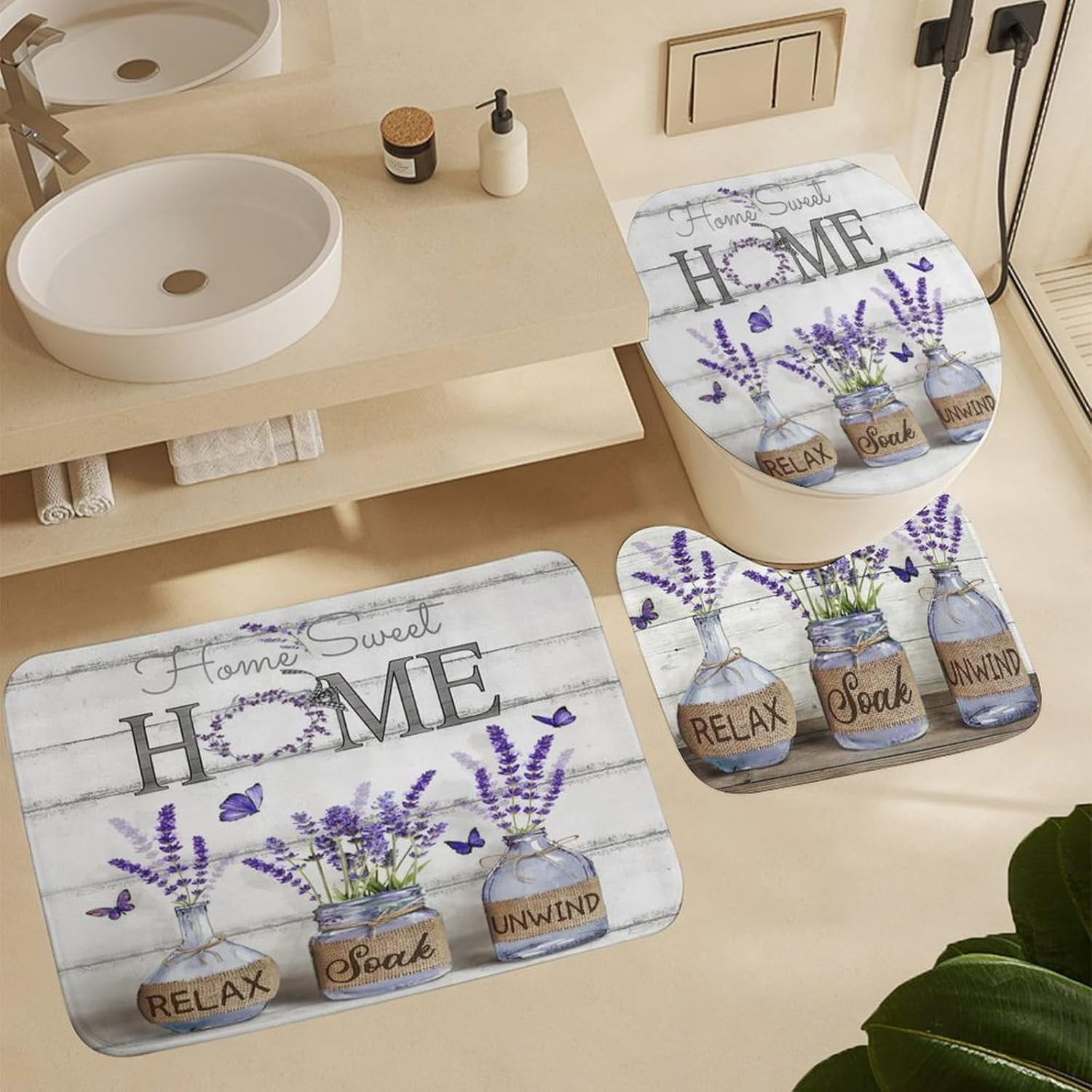 4PCS Shower Curtain Sets with Rugs Farmhouse Shower Curtain Neutral Rustic Country Shower Curtain Sets Purple Lavender Flower Shower Curtain Sets Bathroom Decor with Non-Slip Bath Mat Toilet Rug
