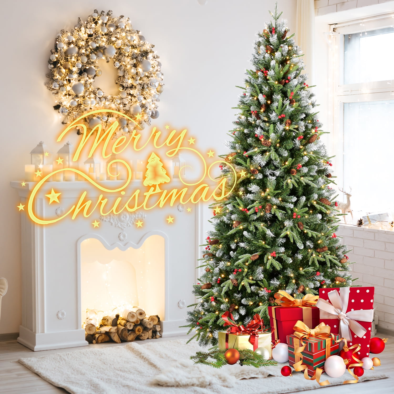 6 Ft Christmas Tree with 350 Warm White LED Lights, 1593 Snow-Tipped PE+PVC Branches, Red Berries & Pine Cones, Hinged Design, Stable Metal Stand, Realistic Holiday Decoration
