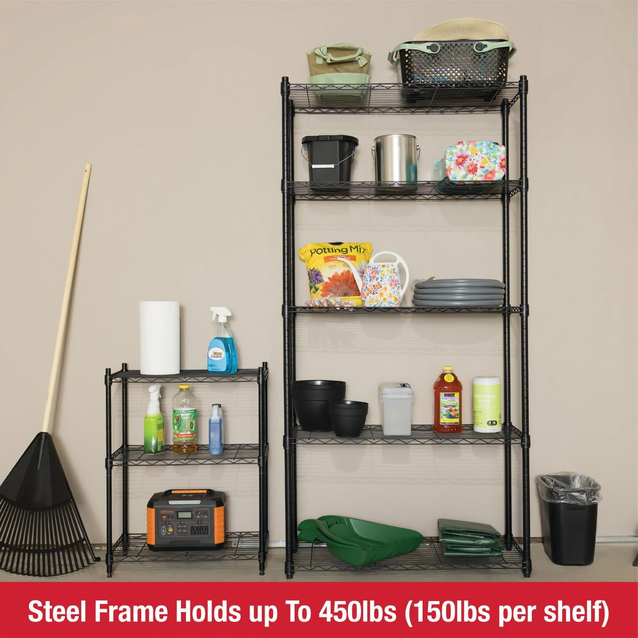 Rubbermaid 3-Tier Heavy Duty Black Wire Shelving Unit, 450lb Capacity