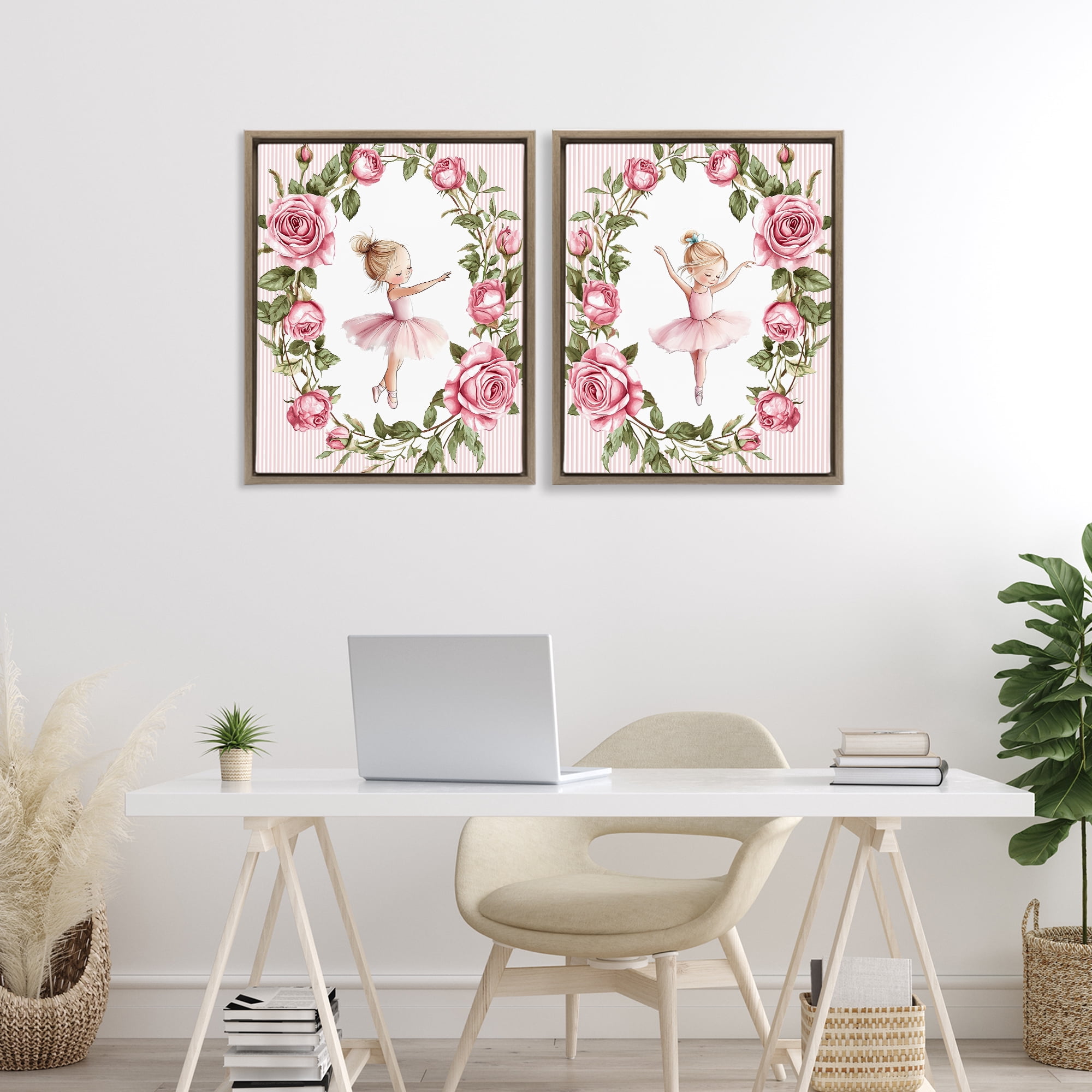 Stupell Industries Little Rose Dancers 2 Piece Brown Framed Floater Canvas Set, design by Christine Simpson Art