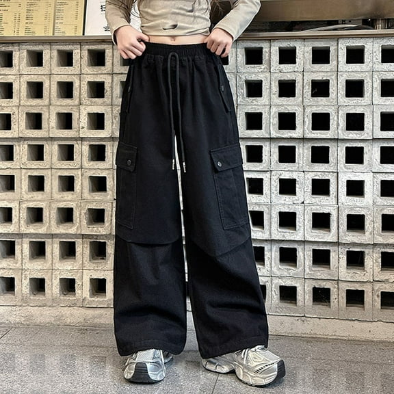 Kids Cargo Pants Classic Fit Jogger Pants for Girls Wide Leg Black Cargo Pants with Pockets Girls Pants Size 6-7 Years