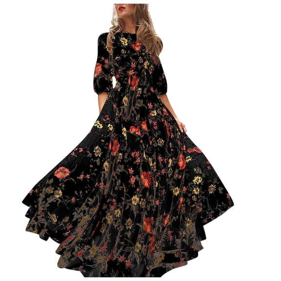 XIAOCHA Womens Floral Velvet Dress Flowy Elbow Sleeve Round Neck Maxi Dress Plush Elegant Evening Dresses
