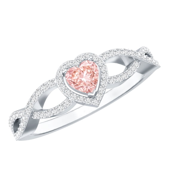Rosec Jewels Lab Grown 1 Carat Pink Diamond Heart Engagement Ring with Halo - Pink White Diamond Crossover Ring - with Jewelry Box, 925 Sterling Silver, US 4.00