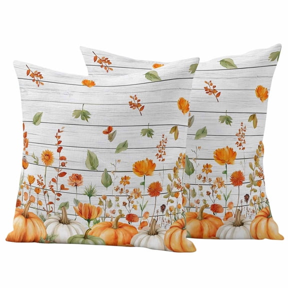 Outdoor Pillow Covers 18 x 18 Inches, Orange Green Fall Waterproof Throw Pillow Cover Set of 2, Pumpkins Botanical Thanksgiving Vintage Decorative Square Cushion Covers for Patio/Tent/Couch/Garden