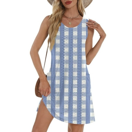 GXIPO Bathing Suit Cover Up Swimdress for Women Hollow Out Sleeveless Bikini Beach Cover Up Casual Summer Dresses for Women Vintage Sun Dresses Casual Loose with Pockets Blue XL