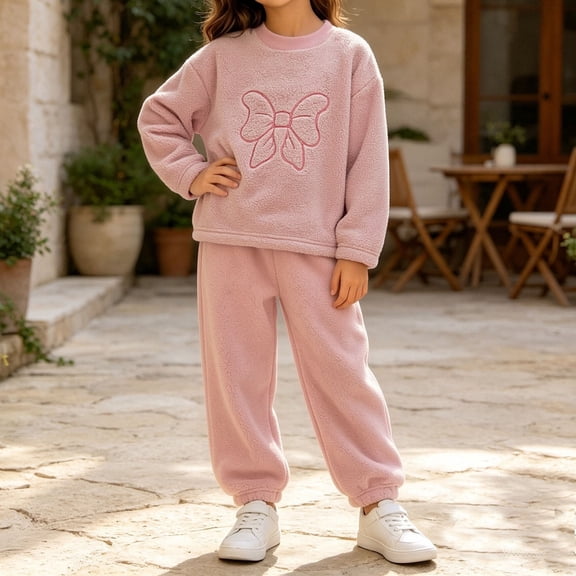 Amidoa Girls 2 Piece Outfits Fall Winter Clothes Long Sleeve Sweatshirt and Jogger Pants Kids Clothing Sets Pink Size 1-2 Years